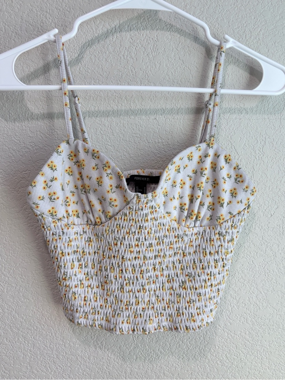 Forever 21 Cropped Smocked Bustier Tank Top Floral White Yellow Medium